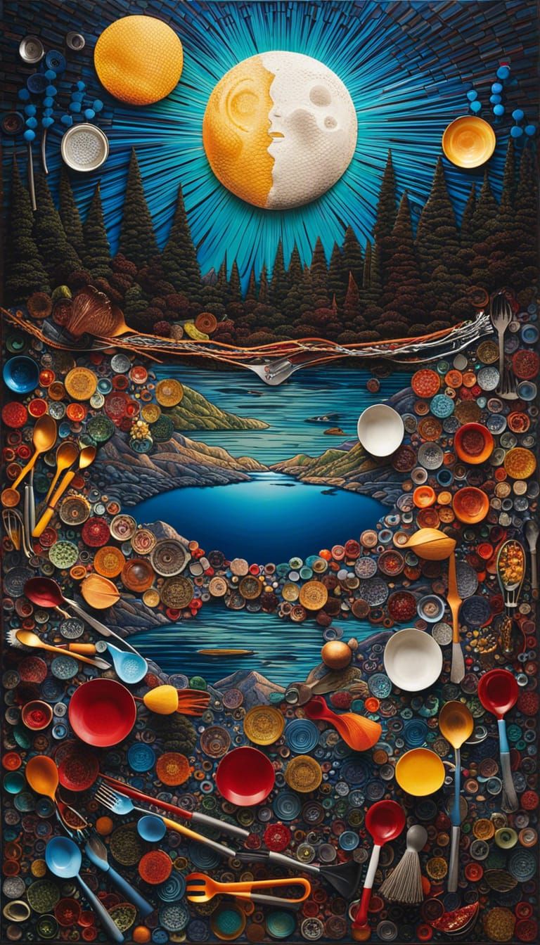 Moonlit Lake Scene Crafted from Kitchen Utensils