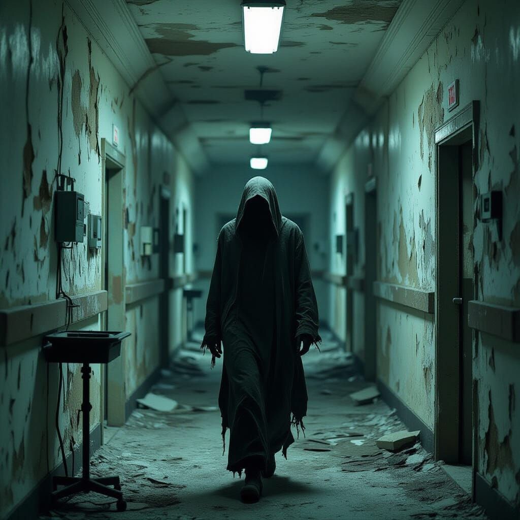 Spectral Figure Navigating Decaying Asylum in Surrealist Sty...