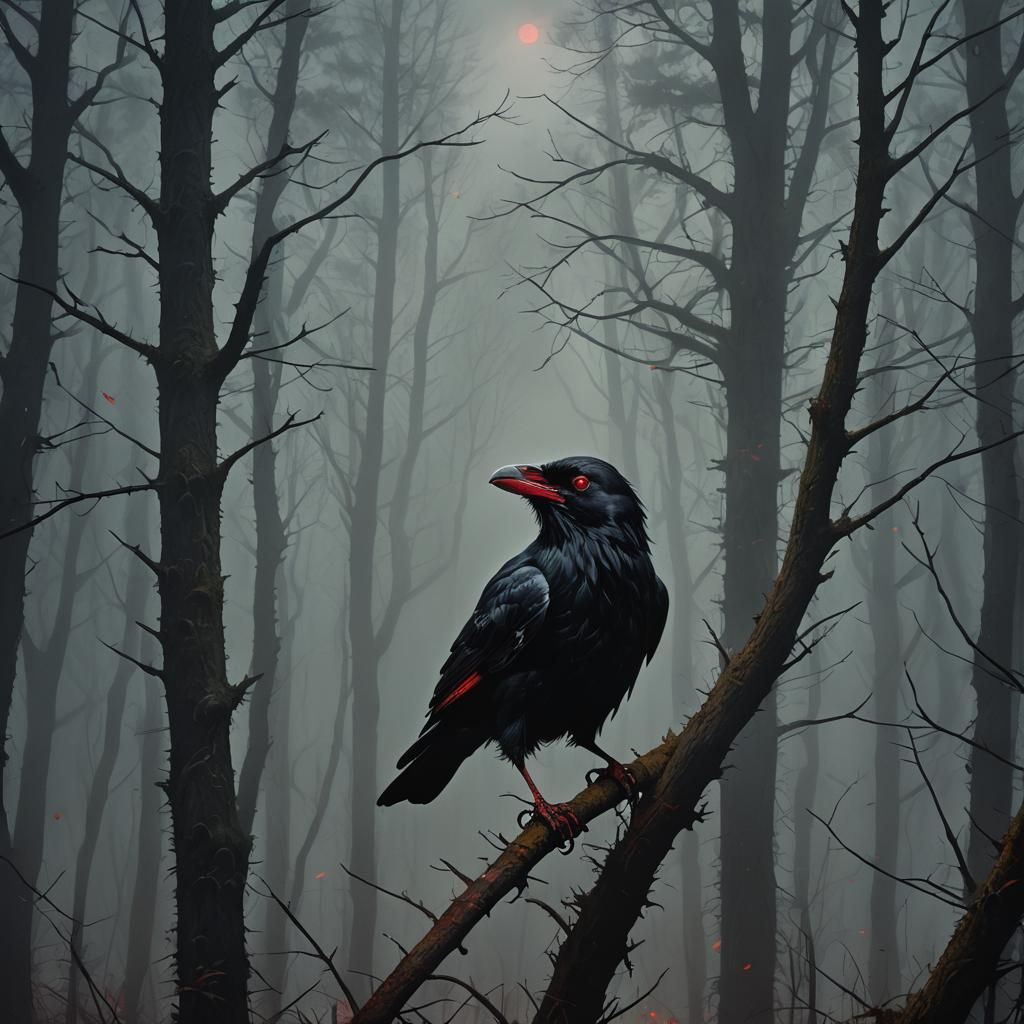 Sinister Raven in Dark Forest Digital Painting