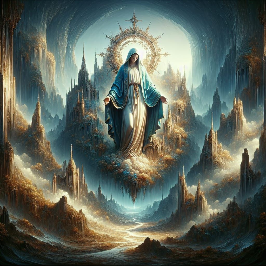 Holy Mary in a Fantastical Unreal Engine Scene