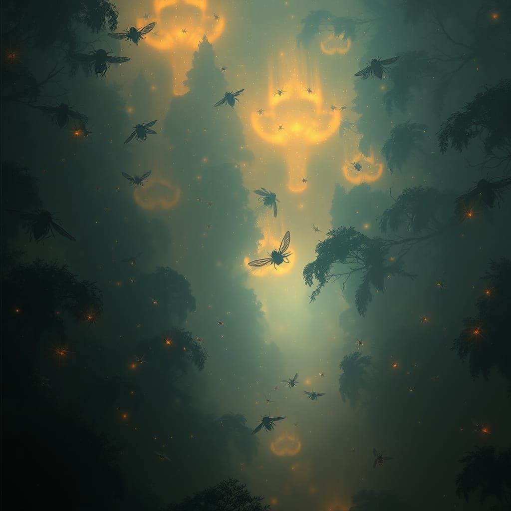 Ethereal Forest Aglow with Bioluminescent Flies