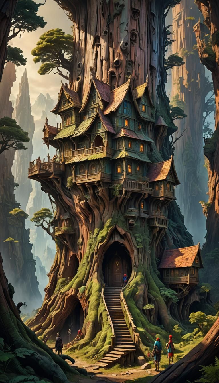 Elves in Colorful House Carved in Redwood Tree