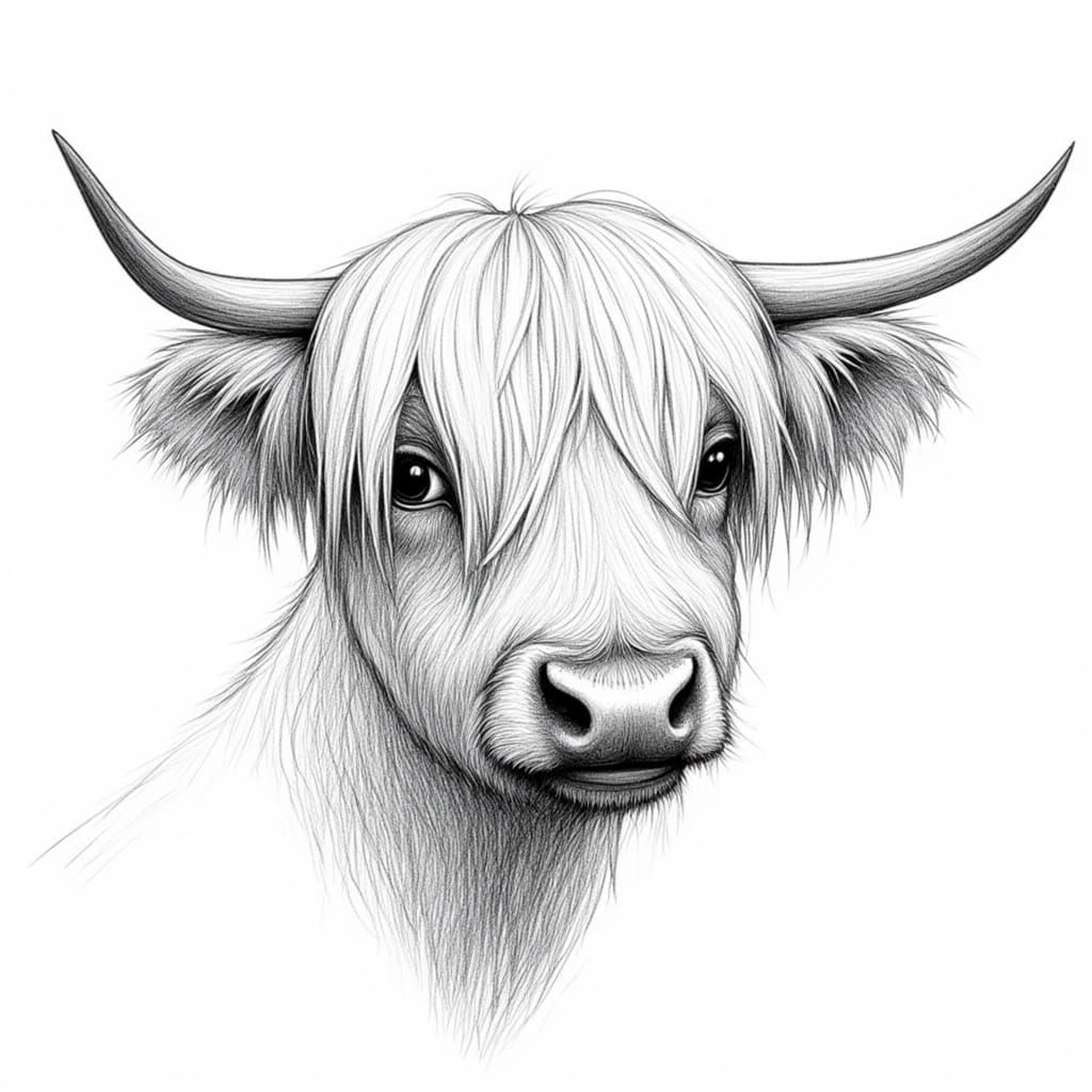 Highland Cow Portrait in Detailed Monochromatic Pencil Drawi...