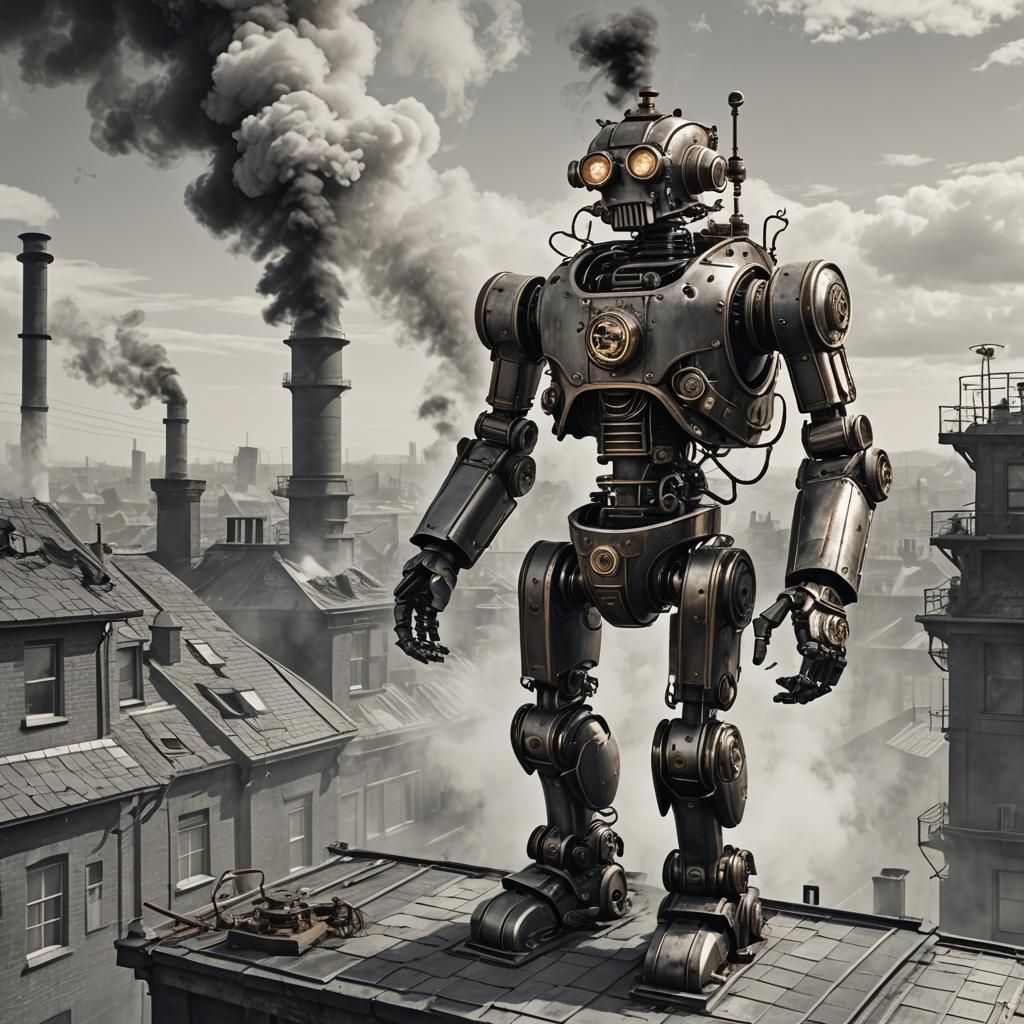 Steampunk Robot on Rooftop in 8k