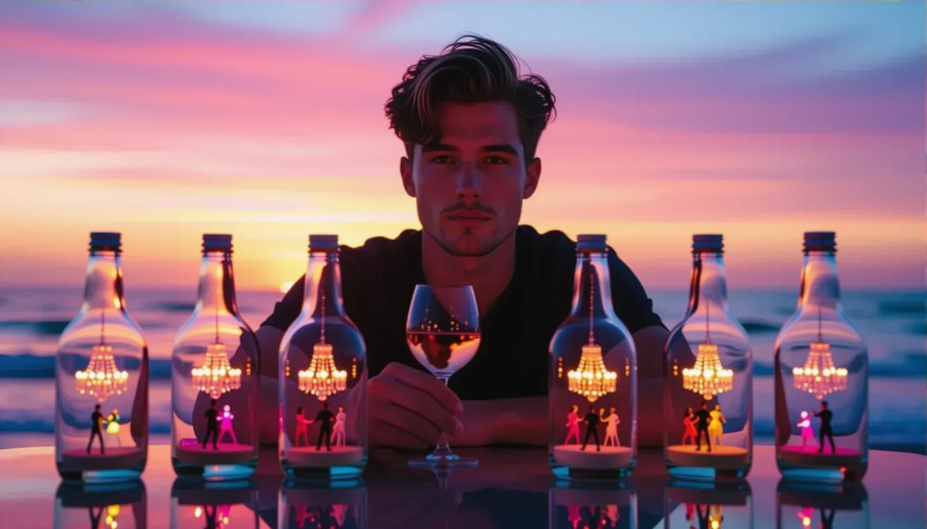 Man Gazes at Miniature Party Worlds in Sunset Bottles