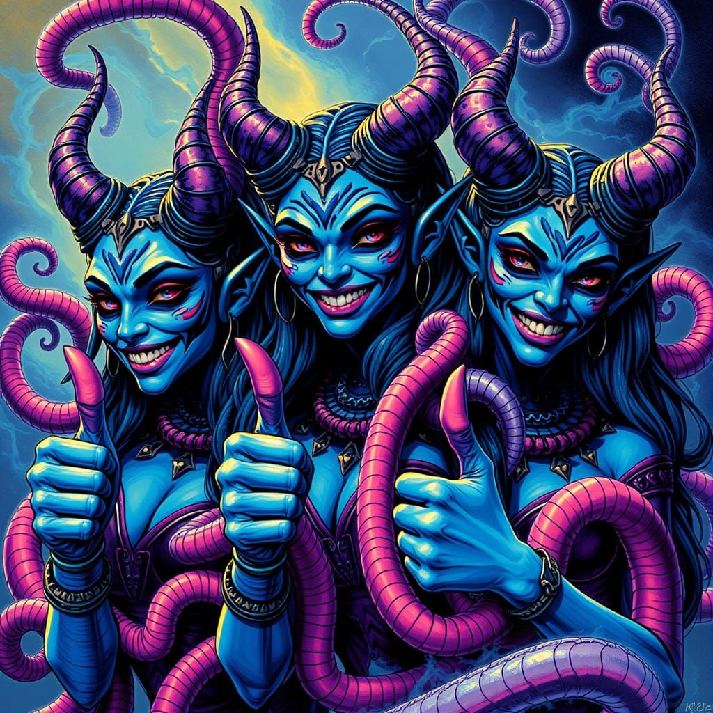 Three Tieflings in Blue Biomechanical Swirls