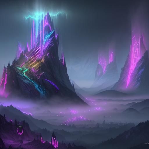 Misty Mountain Neon Lights in Detailed Matte Painting