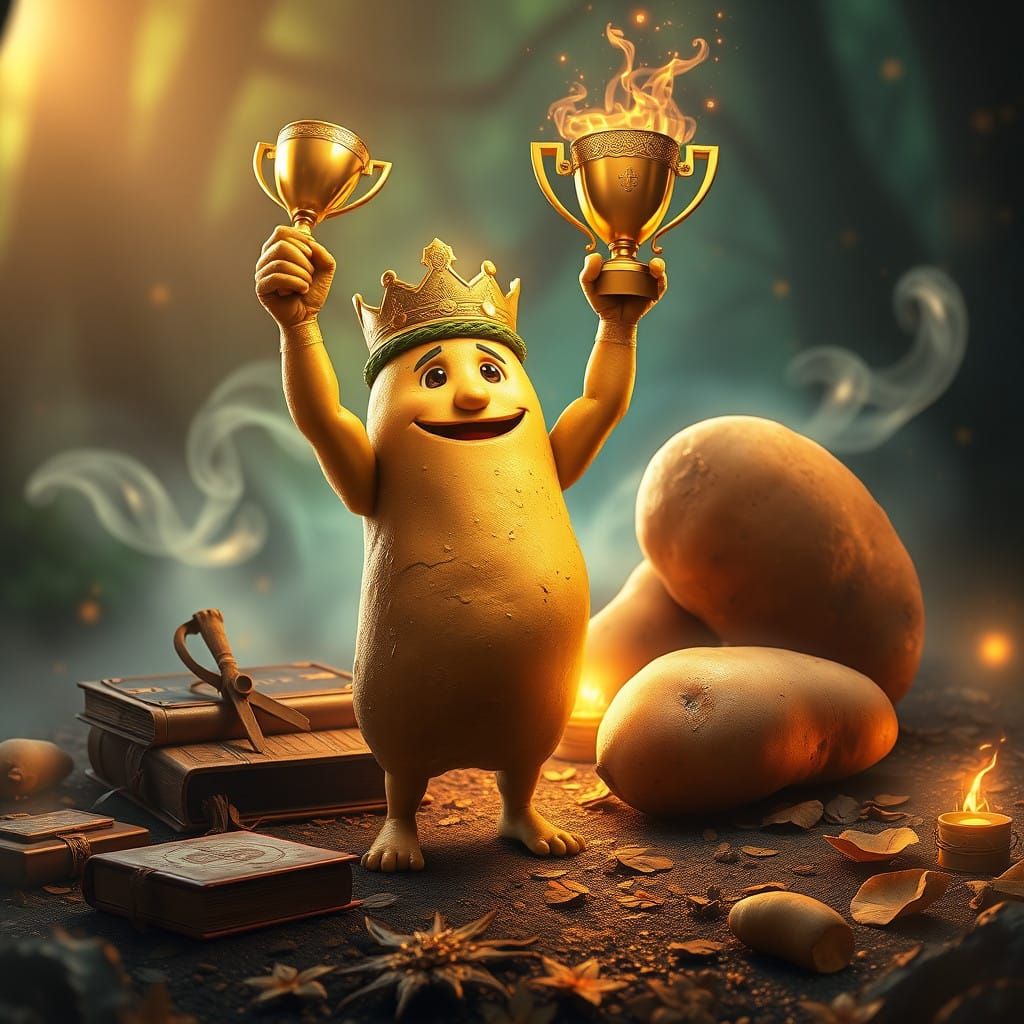 Triumphant Potato Holds Golden Trophy in Mystical Realm