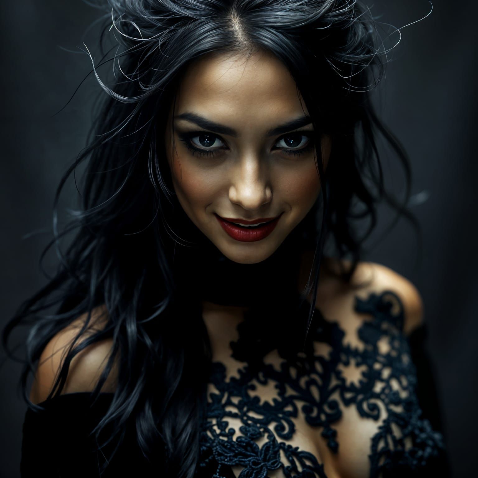 Dark Sorceress with Sinister Smile in Elegant Black Gown
