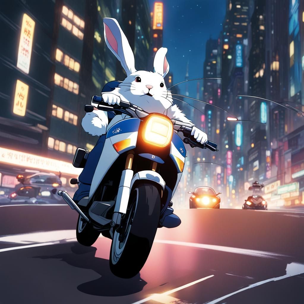 Fluffy Bunny Motorcycle Police Chase in Anime Style