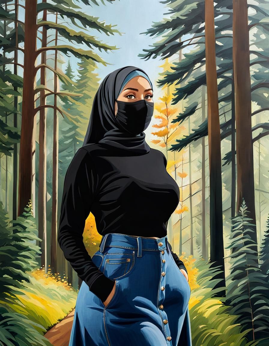 Hijabi Woman in Forest, Oil Painting Style