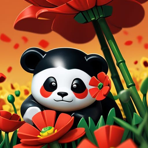 Panda in Poppy Field as Hyper-Realistic Lego Art