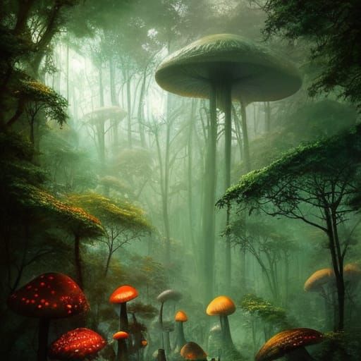 Luminescent Mushroom Jungle: Psychedelic Cel-Shaded Art