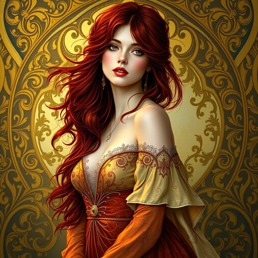 Elegant Woman with Red Hair in Art Nouveau Style