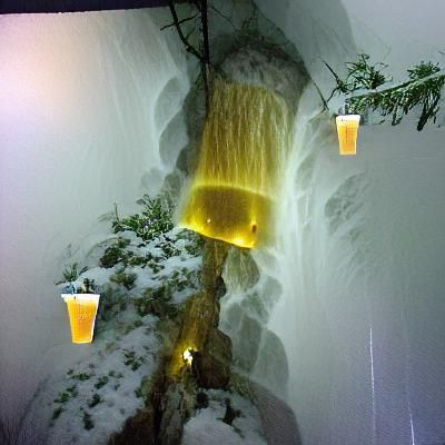 Icy Waterfall Flowing in Winter Blizzard