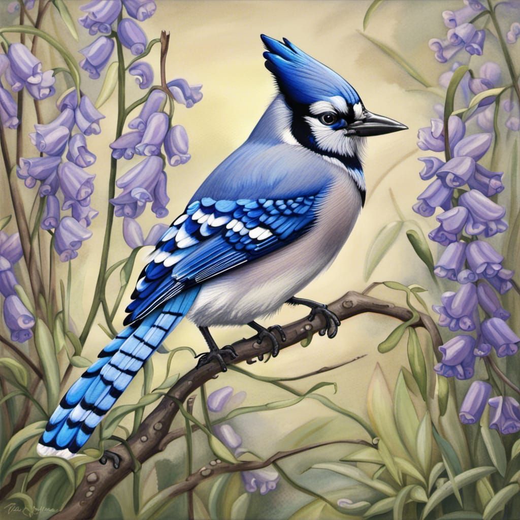 Blue Jay in Bluebell Field: A Realistic Wildlife Scene