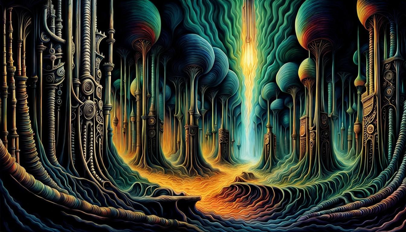 Surreal Stygian Landscape with Radiant Rocks