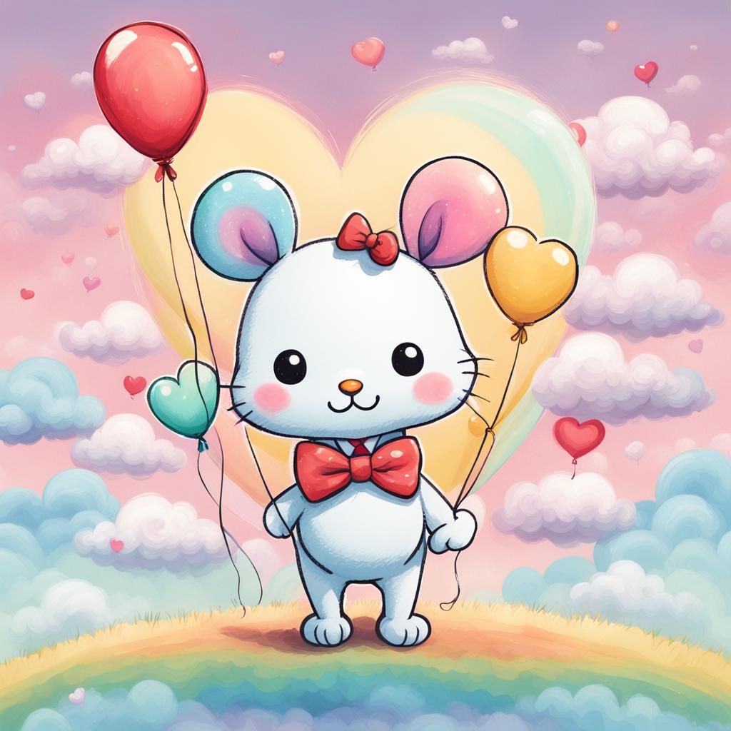 Smiling Kawaii Animal with Balloon in Digital Art