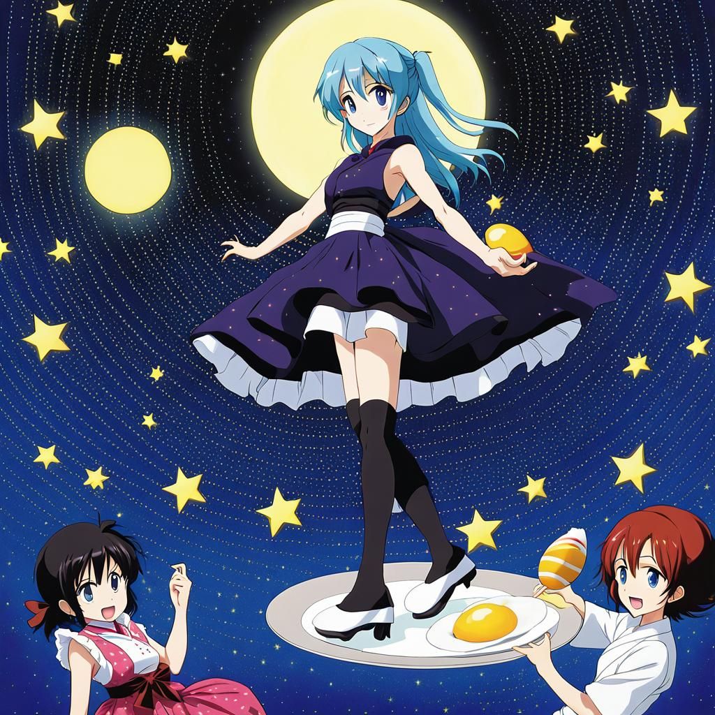 Cooked Egg on Starry Plate in Anime Style