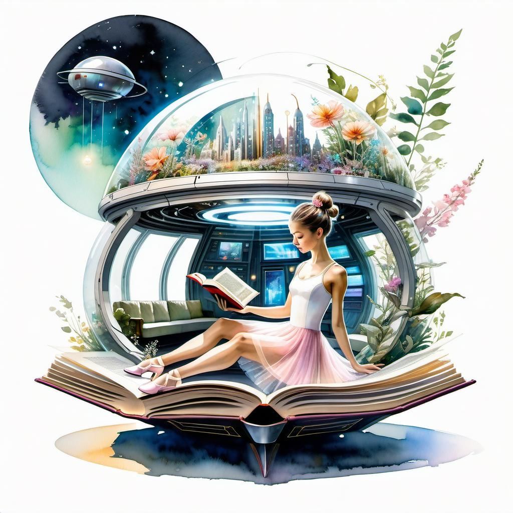 Ballerina Reads in Futuristic Spaceship, Watercolor Style