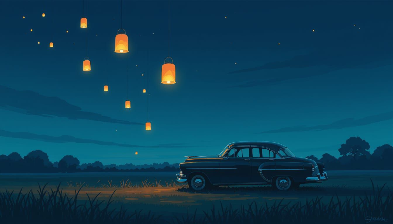 Vintage Car Ascends Lanterns into Moody Night Sky