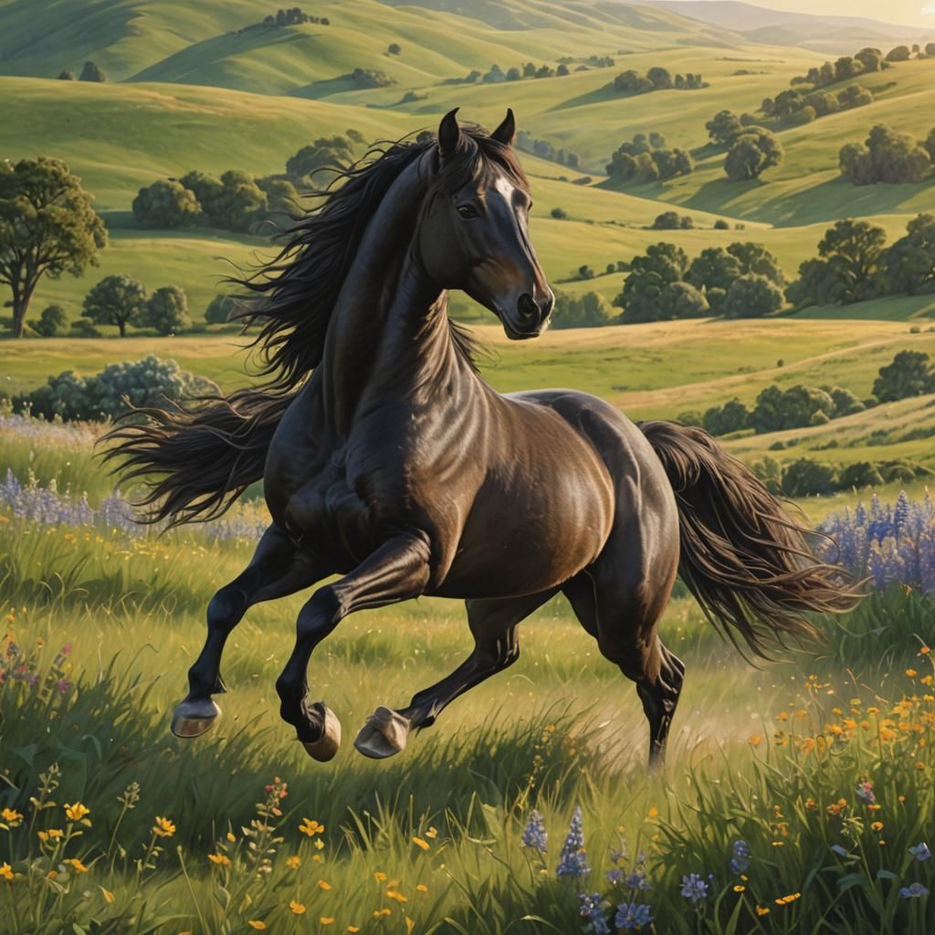 A Hyperrealistic Frisian horse in its natural habitat. The h...