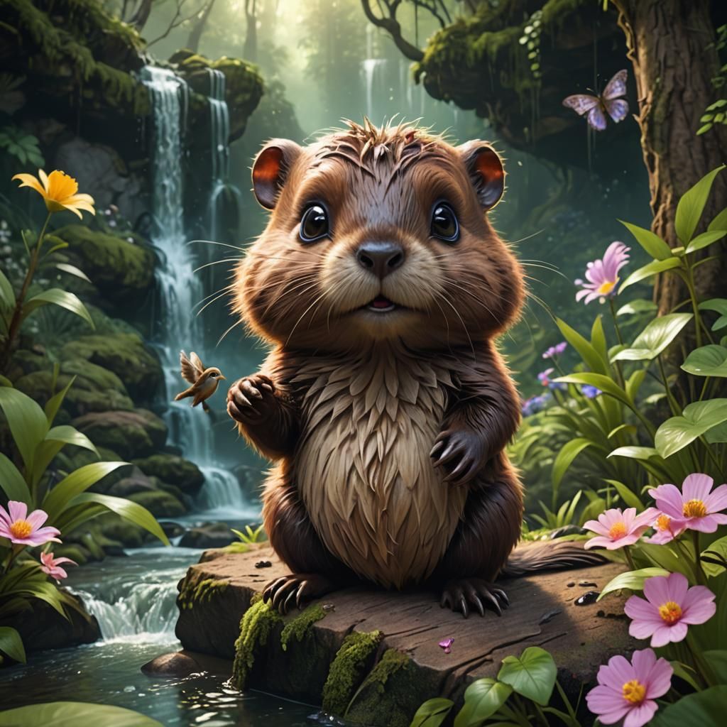 Chibi Beaver in Mystical Forest, Detailed Matte Painting