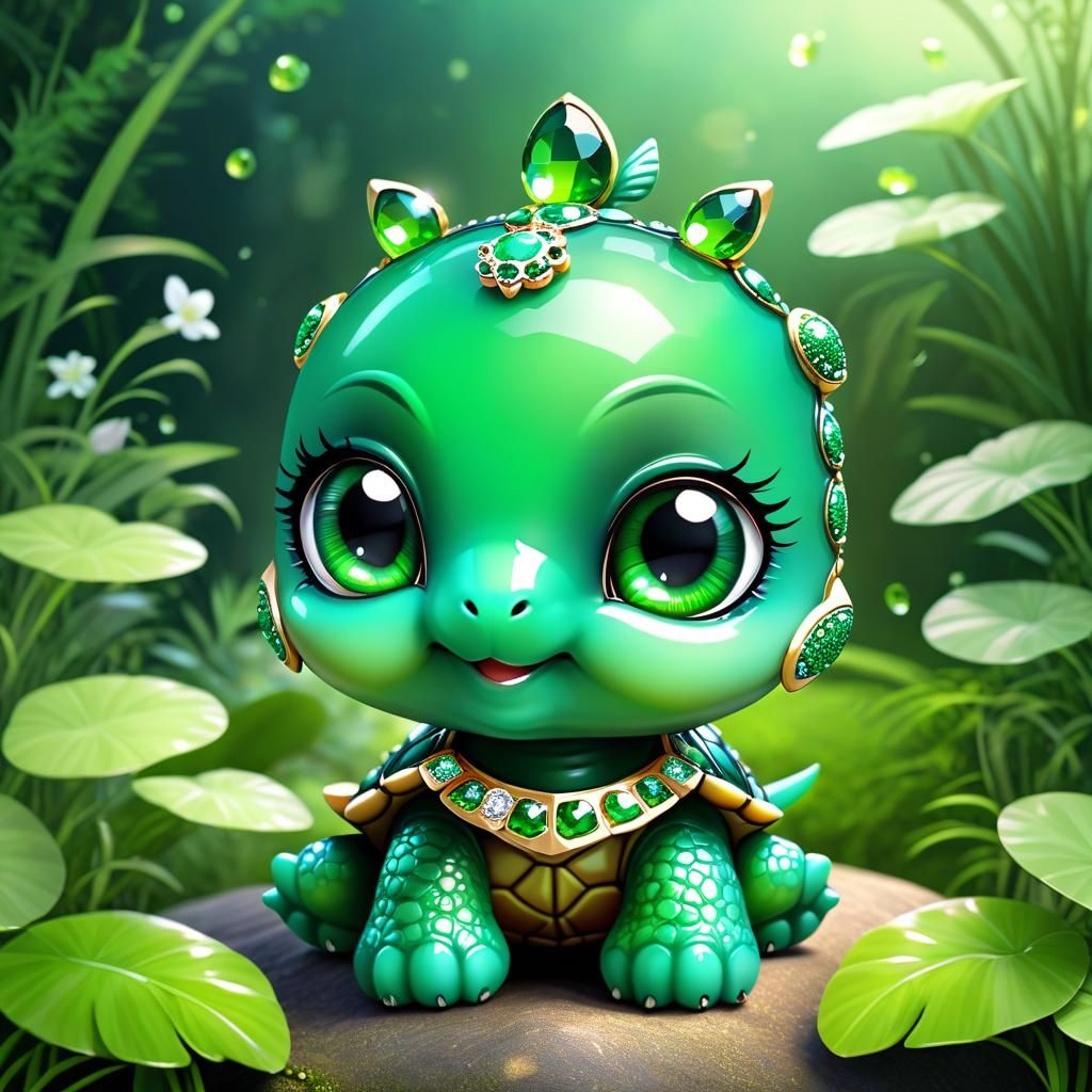 Emerald-Studded Jade Turtle in Green Garden