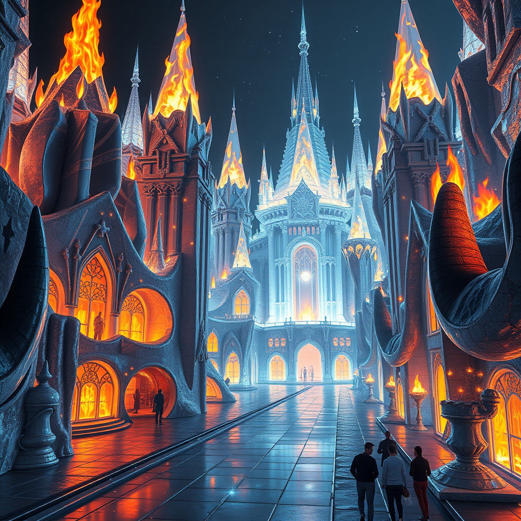 Hyperrealistic Crystal City Engulfed in Flames