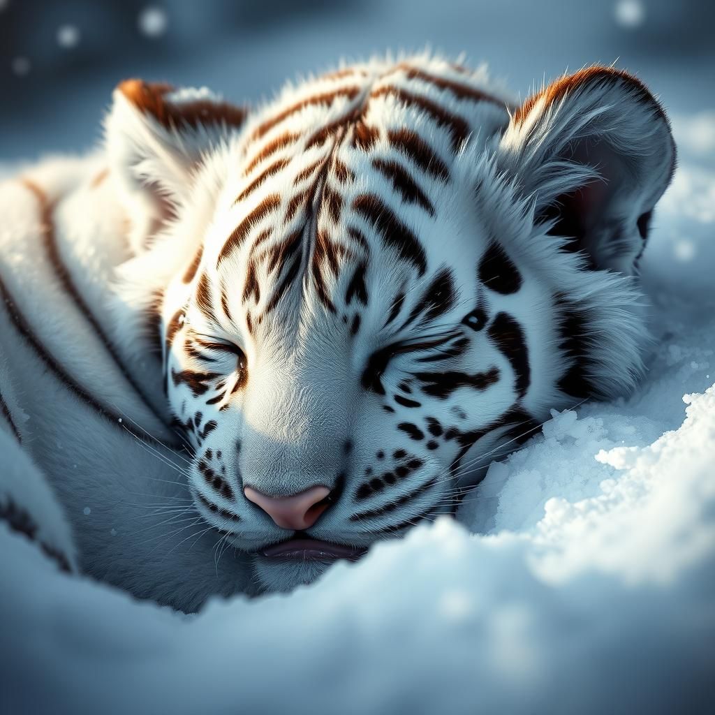 Sleeping White Tiger Cub in Snowy Landscape