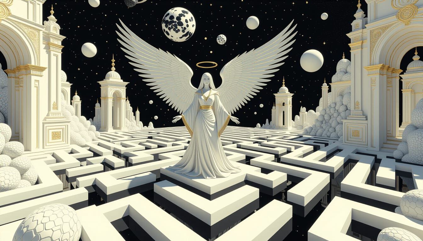 Angelic Being in Labyrinthine Puzzle-Cube, Surrealist Art