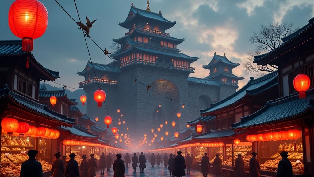 Japanese Castle Illuminated by Lanterns and Foxes