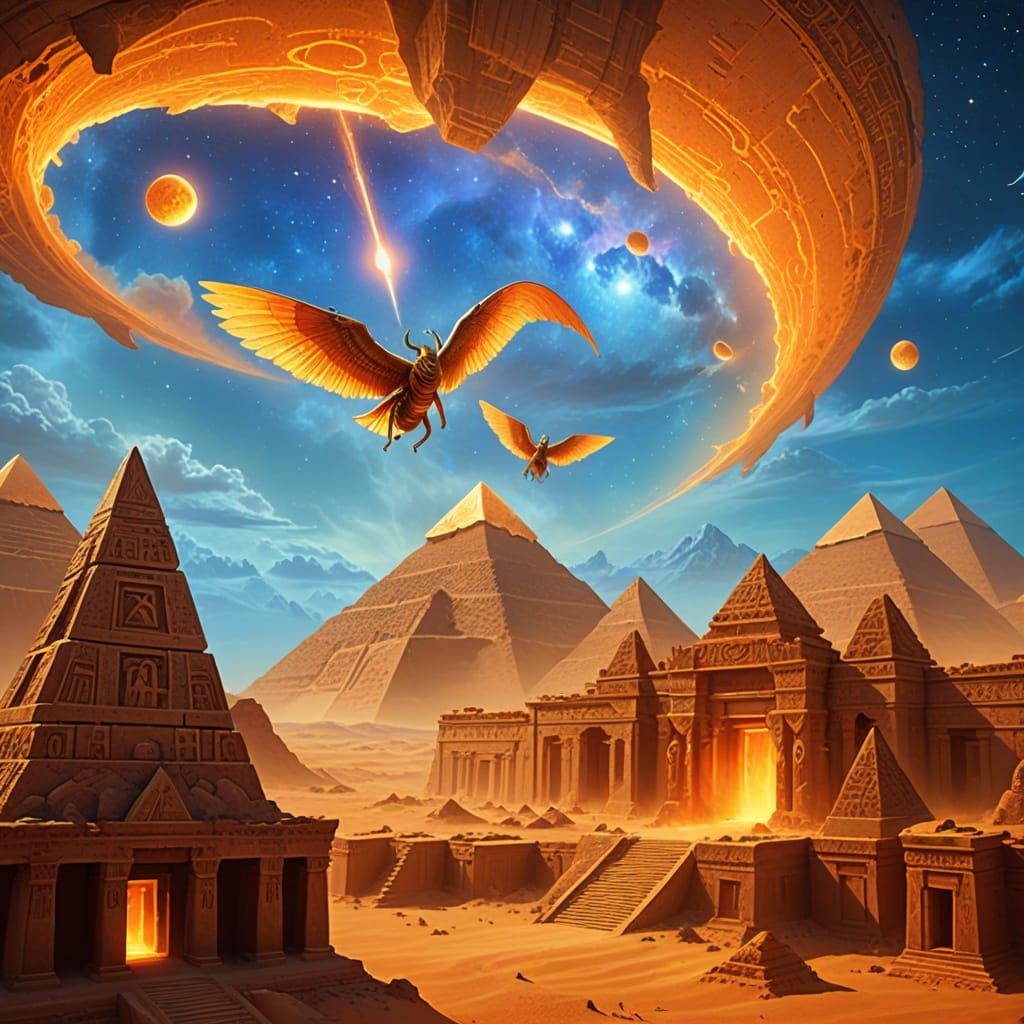 Ancient Sky Temple with Floating Islands and Glowing Hierogl...