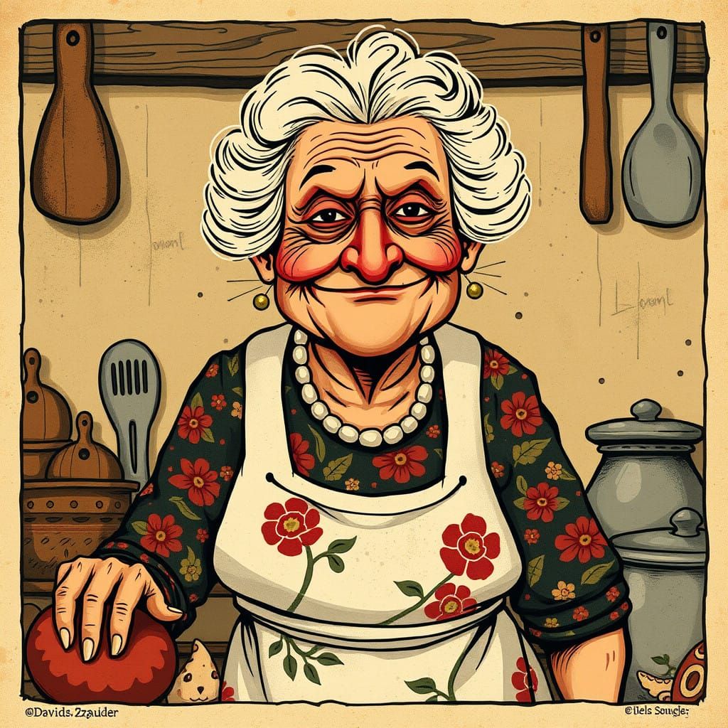 Whimsical Folk Art Grandma with a Sly Grin