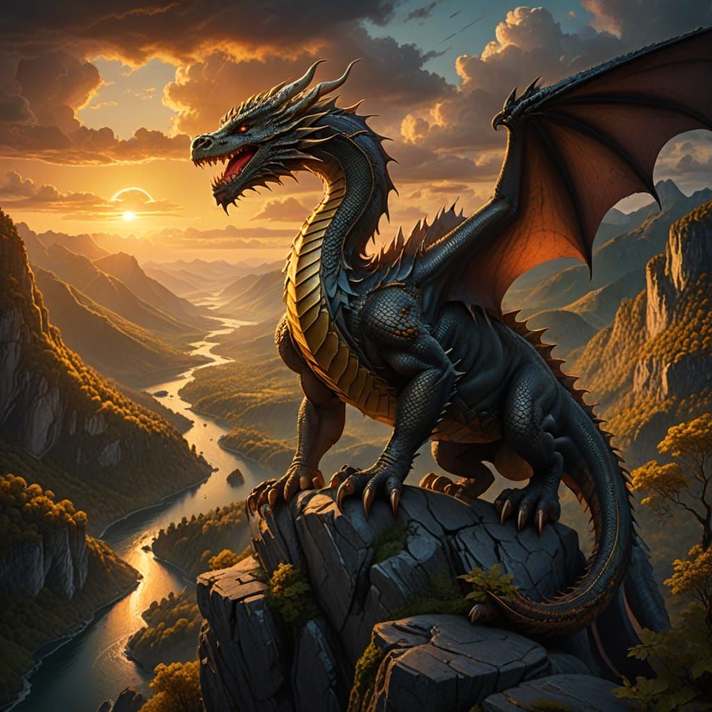 Majestic Dragon Overlooking Valley at Sunset