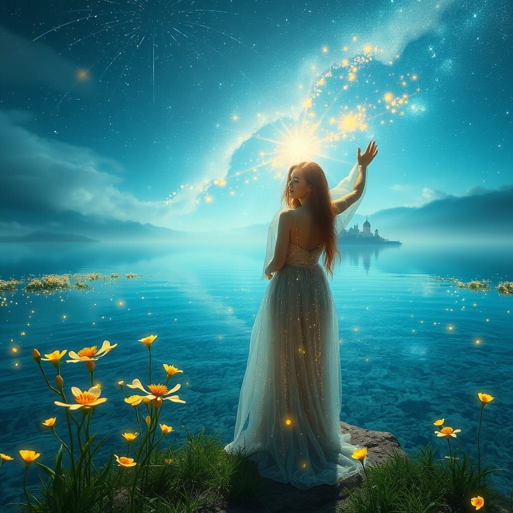 Ethereal Dreamland with Shimmering Woman in Soft Focus