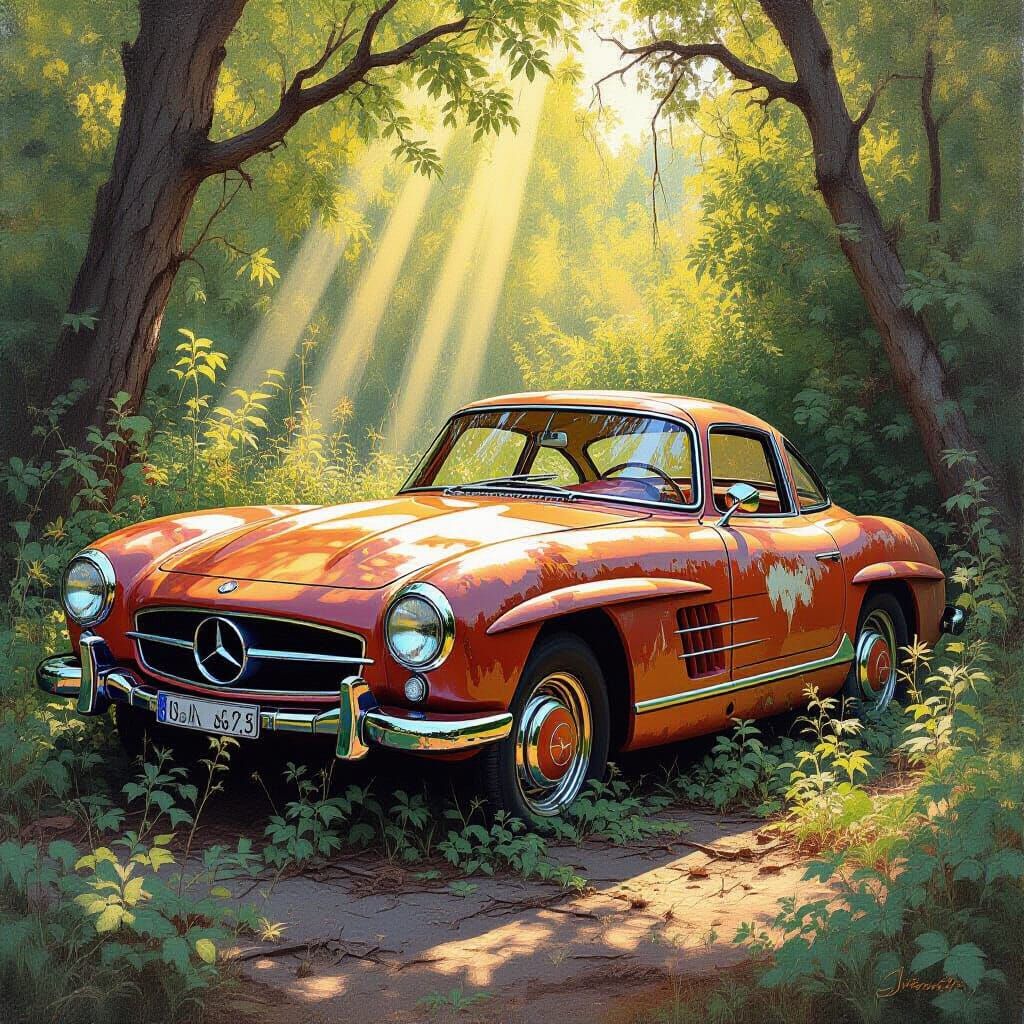 Rusted Mercedes 300 SL in Overgrown Weeds Oil Painting