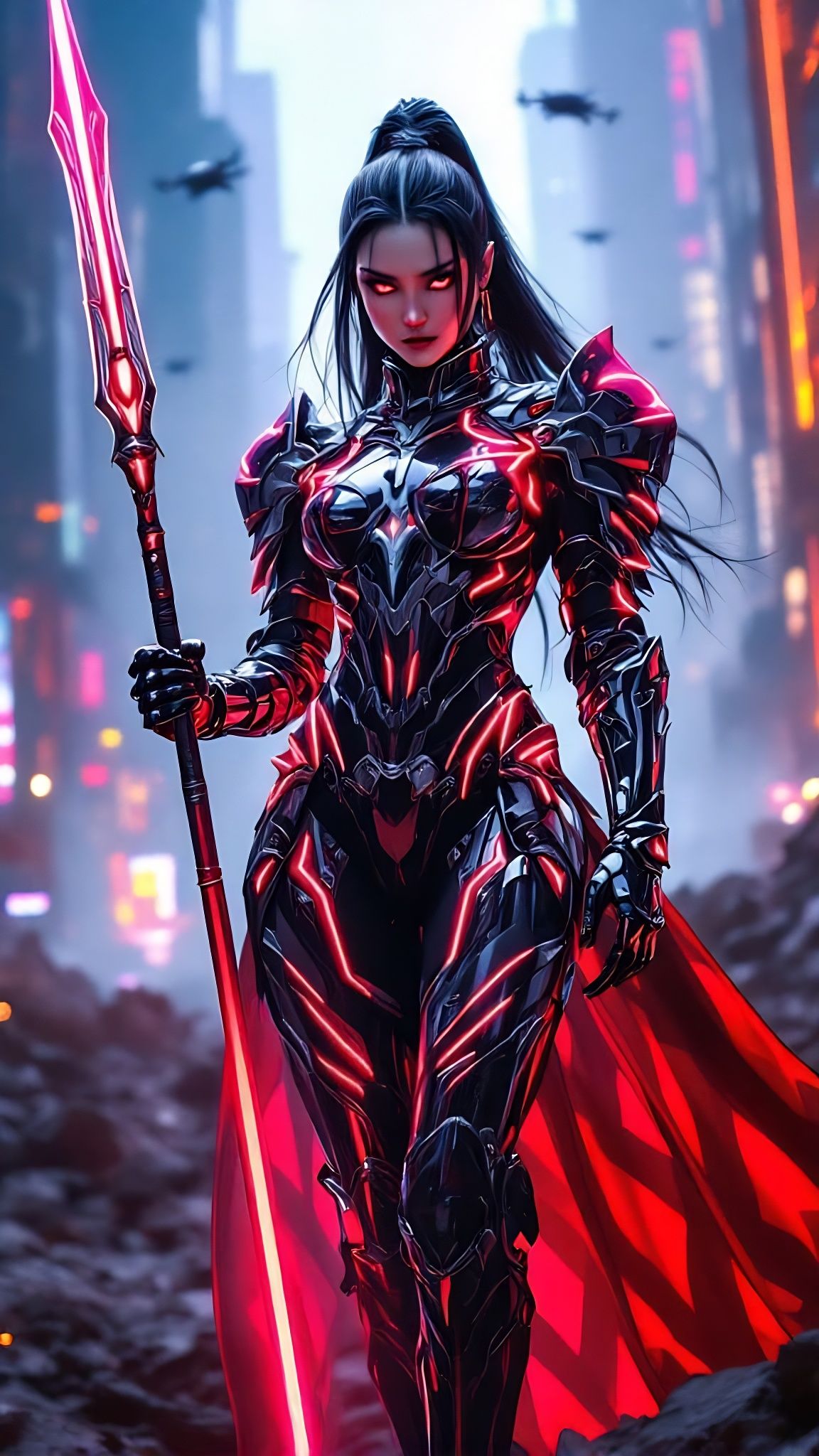 Chrome-Punk Armored Woman on Battlefield