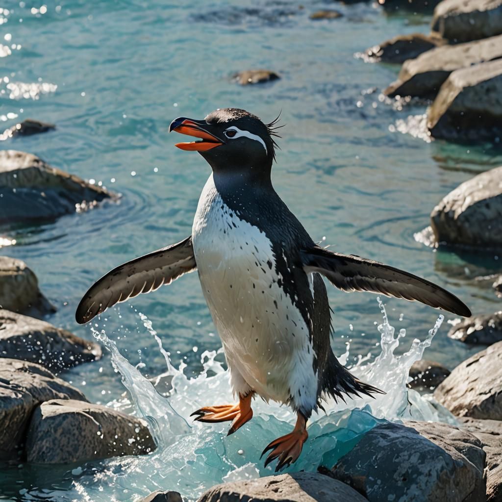 Happy Rockhopper Penguin Splashing in Turquoise Water