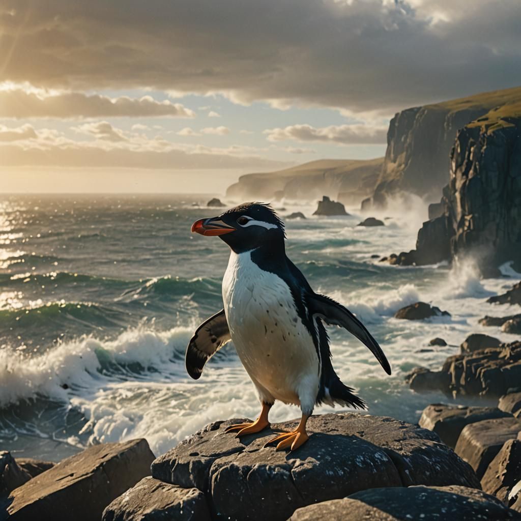 Rockhopper Penguin on Rocky Coastline in Cinematic Style