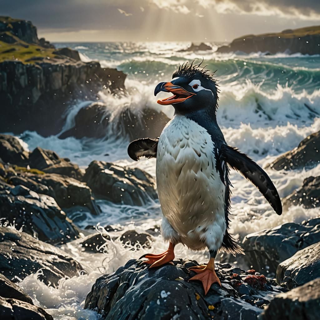 Rockhopper Penguin Rejoices on Rocky Shore