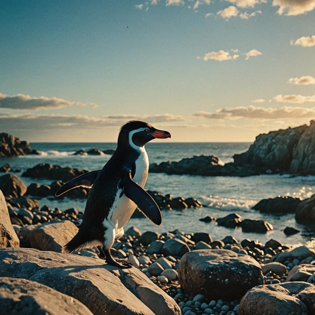 Rockhopper Penguin Leaping on a Beach