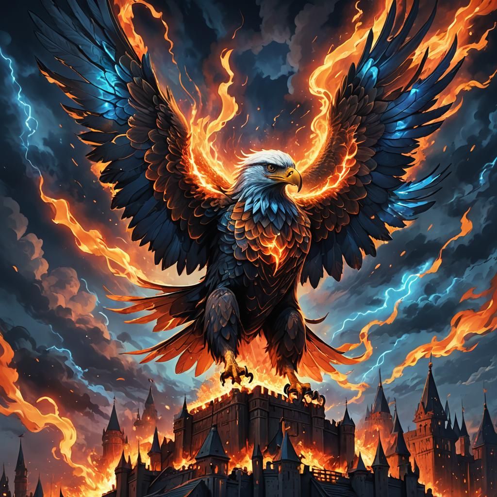 Fiery Eagle Soars Above Dark Castle: Epic Anime Art