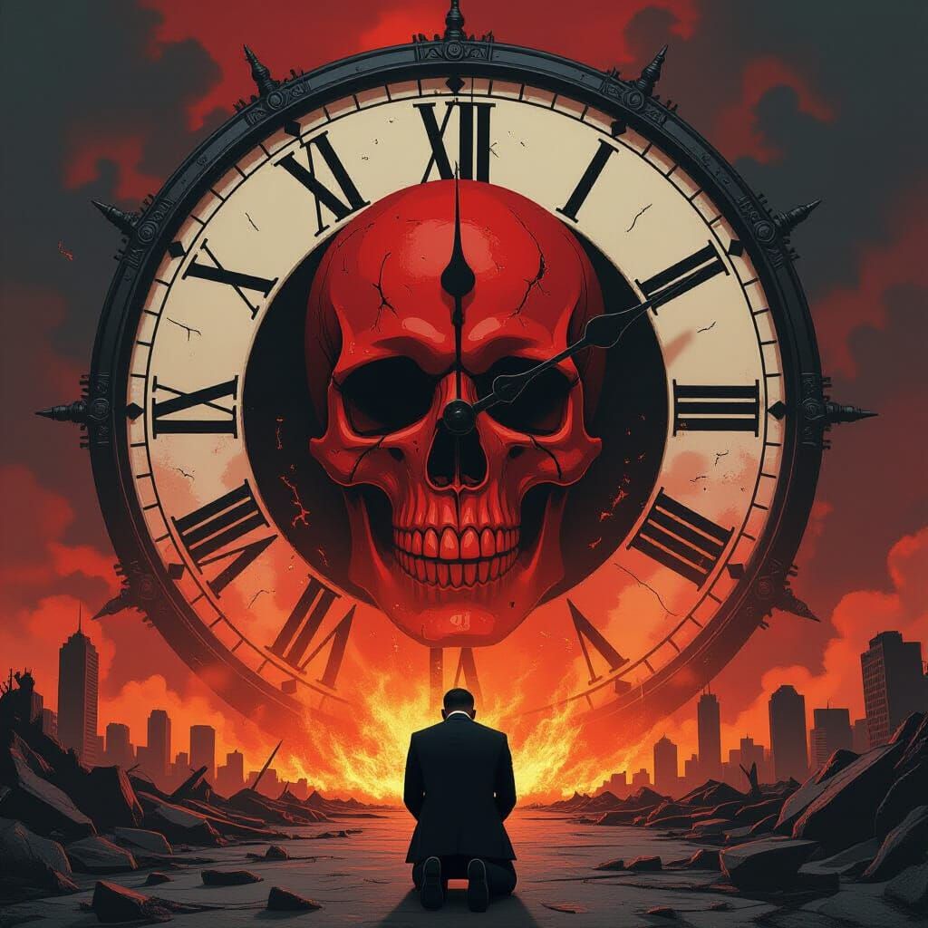 Doomsday Clock With Skull Hands Amidst Cataclysm