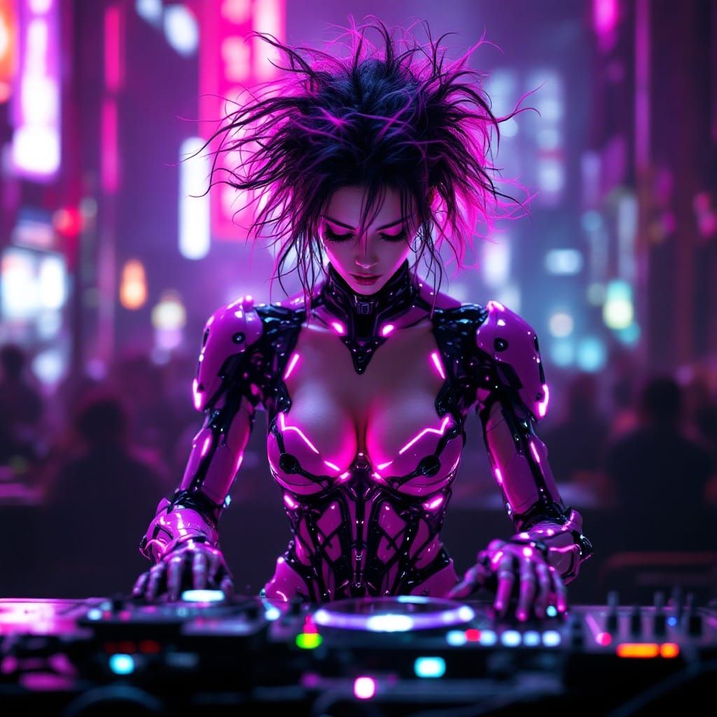 Gothic Punk Cyborg in Neon Club, Hyperrealistic Art