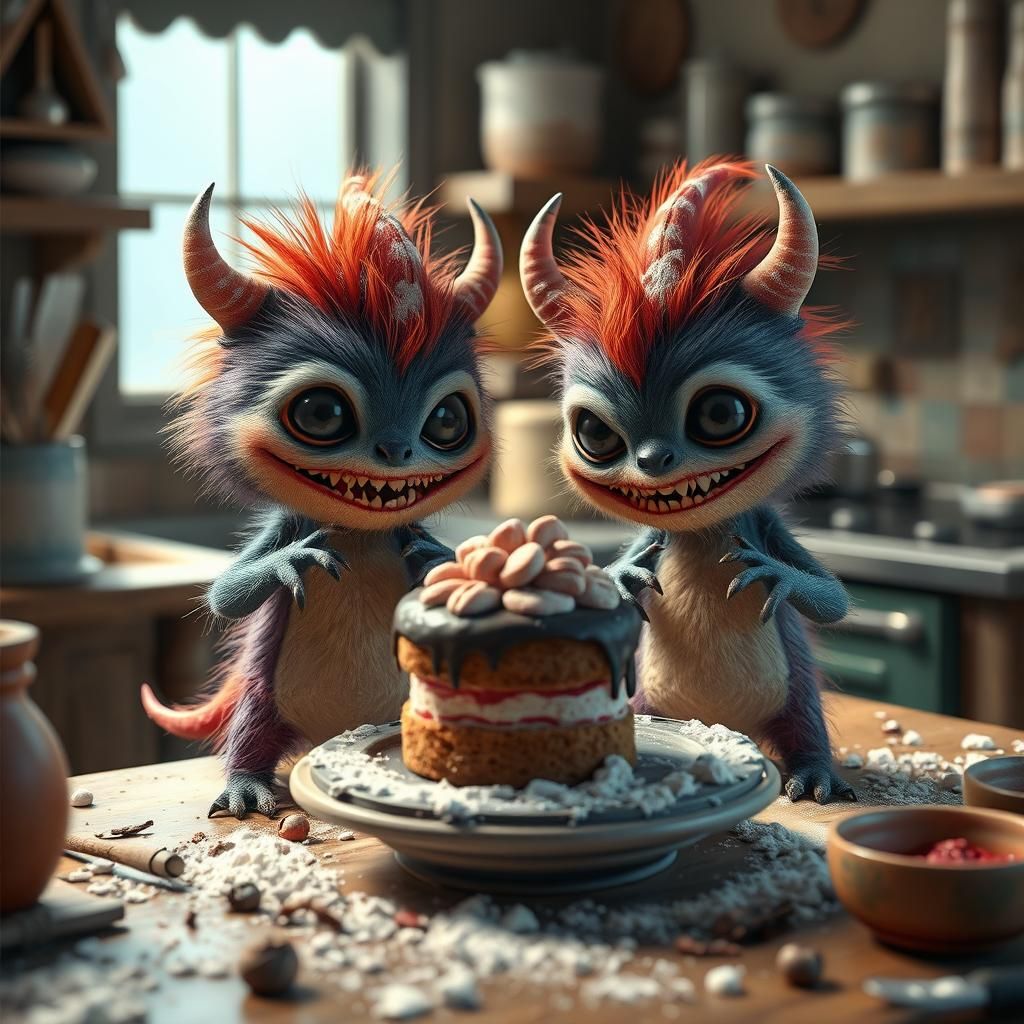 Chibi Monsters Bake Cake: Whimsical Fantasy Scene