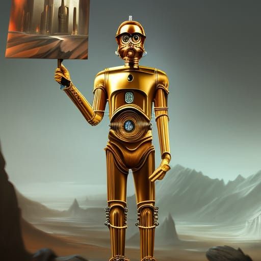 C3Po holding a sign