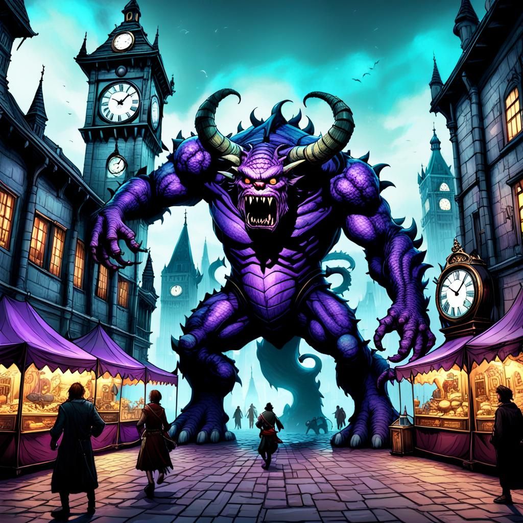 Monster and Clock Tower in Hyperrealistic Digital Art
