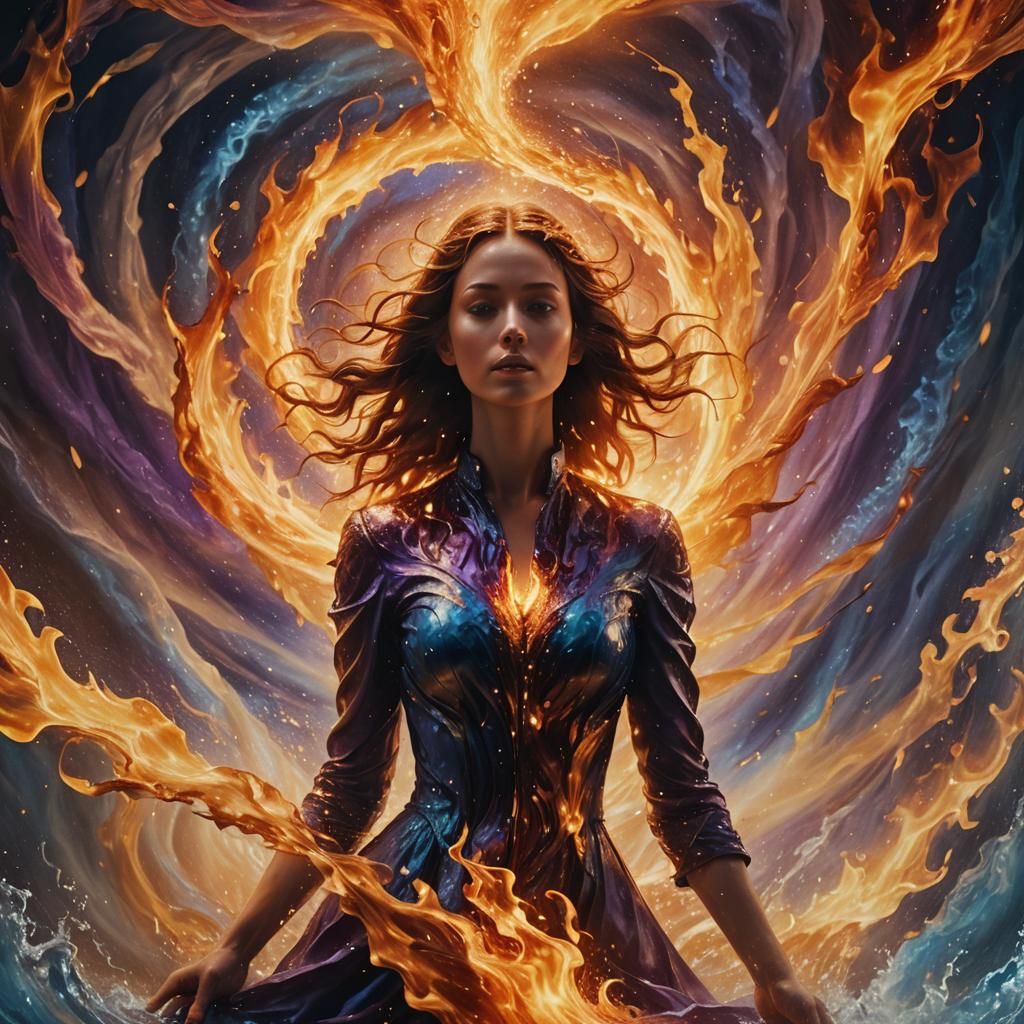 Woman in Surreal Fire and Water Vortex