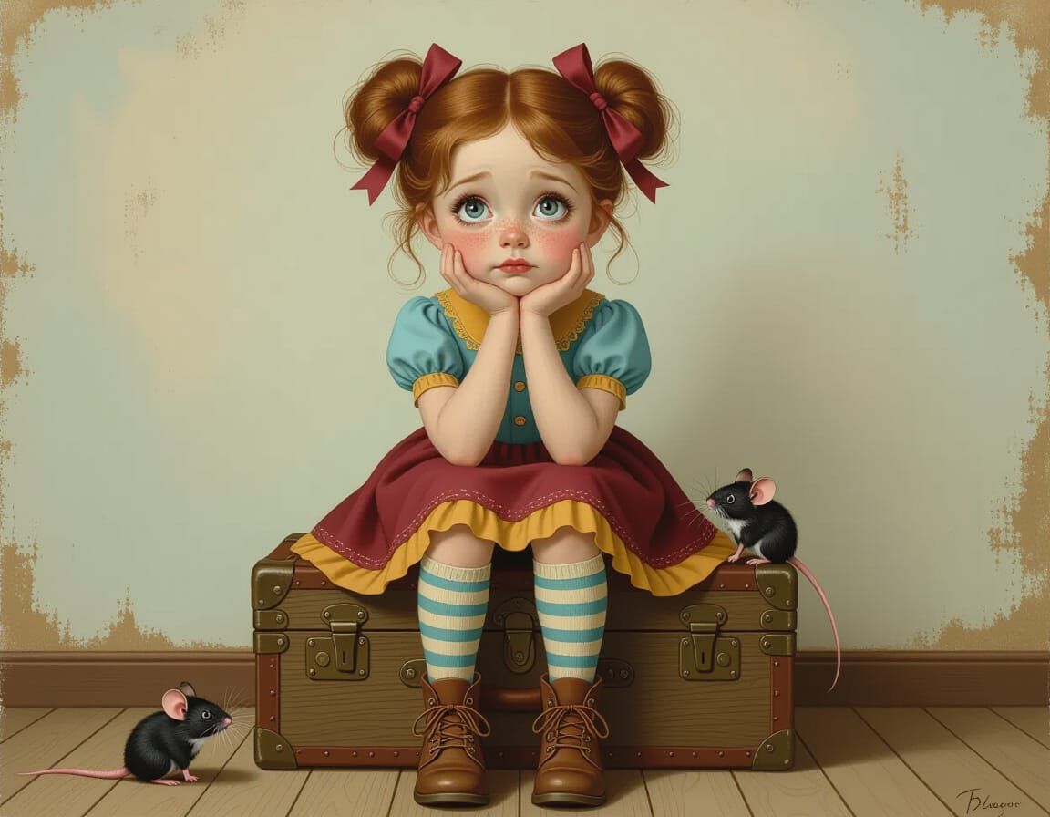 Melancholic Girl with Mouse in Pop Surrealist Style